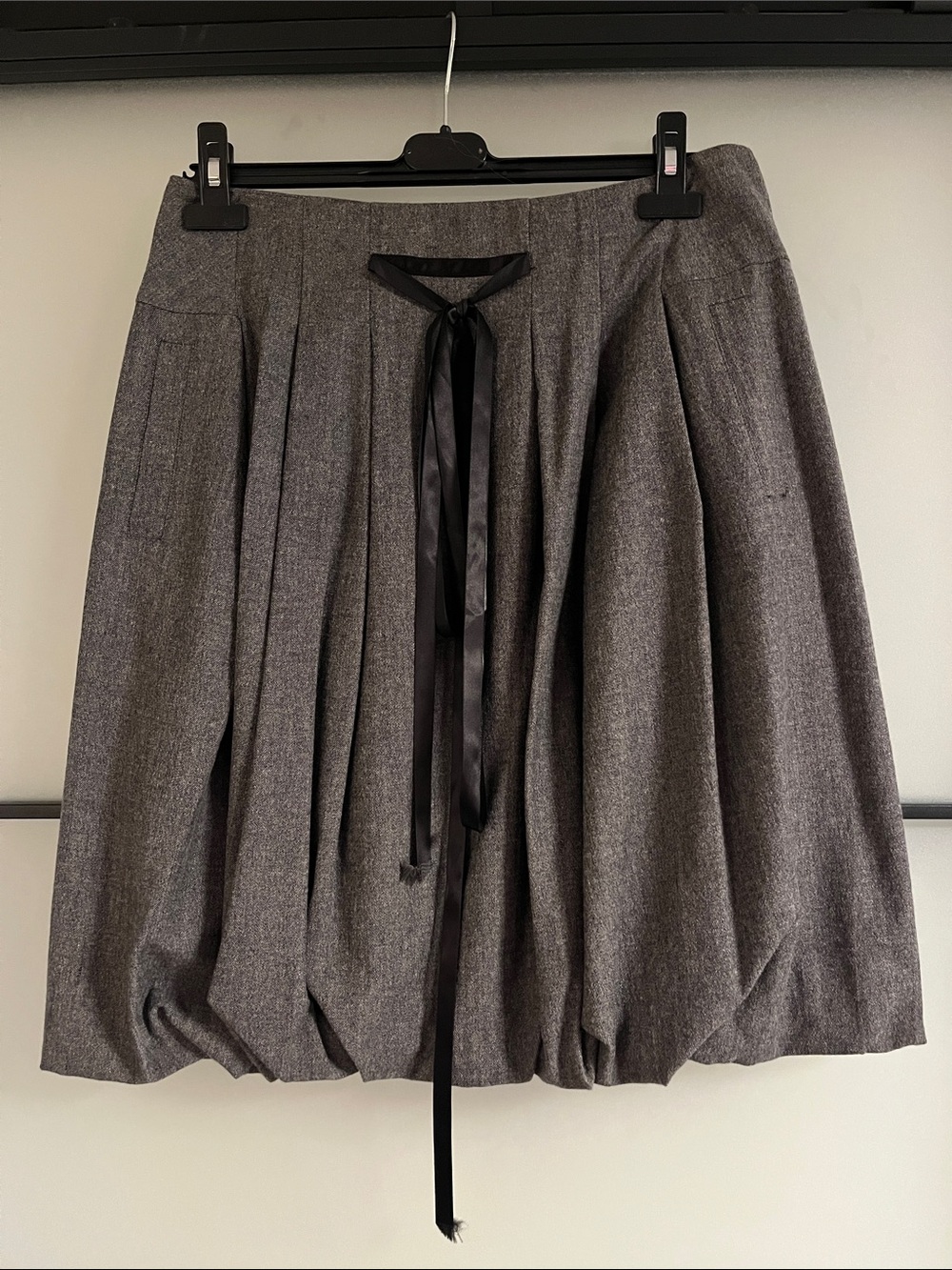 Gray Pleated Bubble Skirt with Ribbon Tie